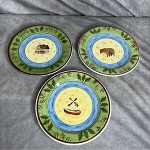 Timberland Bella Ceramica 8.5” Salad Plates Set of 3 Bear Canoe Cabin Rustic